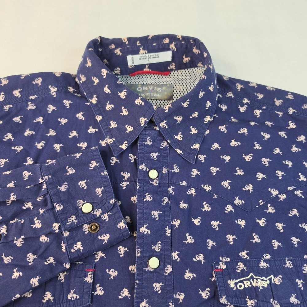 Orvis Trout Bum Shirt Mens L Navy Blue Bucking Bronco Western Pearl Snap Cotton